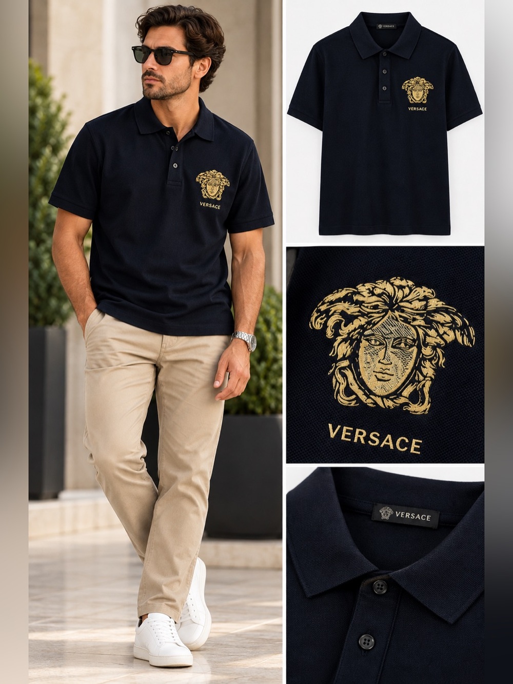 VERSACE - Black Polo with Embroidered Gold Medusa Logo